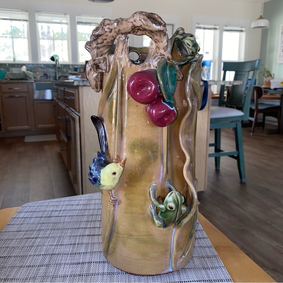 Shiwan Style Blue Glaze Majolica Large Vase w Bird Motif 11”High - Picture 4 of 11